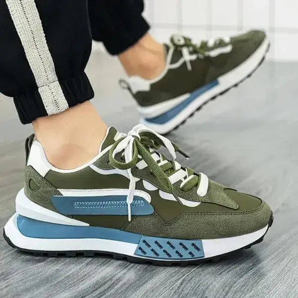 Mens Color-Matching Sneakers | Light-Reflective Low-Top Casual Shoes in Beige, Black, Olive