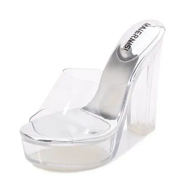 Hillsupshoes Women Fashion Plus Size Transparent Crystal Chunky Heel Platform High