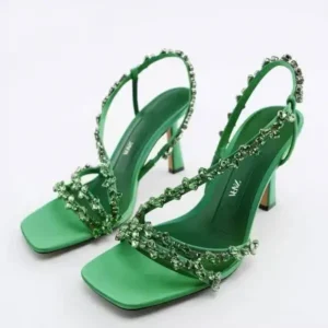 Hillsupshoes Women Fashion Plus Size Sexy Rhinestone Strap Square Toe Heeled Sandals