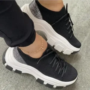 Hillsupshoes Wedge Heel Flying Woven Colorblock Lace-Up Sneakers Large Size Casual Low Top Women Shoes