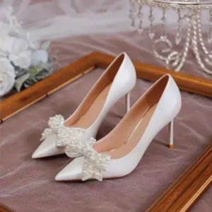 Hillsupshoes Women Fashion Sexy Pointed Satin Pearl Pointed Toe Shoes