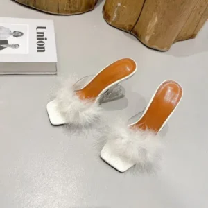 Hillsupshoes Women Fashion Sexy Feather Decoration Solid Color Chunky High Heel Slippers Shoes