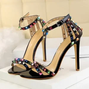 Hillsupshoes Fashion Women Sexy 11cm High Heels Rivets Studded Sandals Ankle Buckle Strap Stiletto Shoes