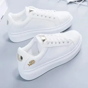 Hillsupshoes Women Casual Fashion Rose Embroidery Thick-Soled Comfortable PU Leather White Sneakers