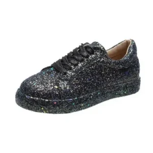 Hillsupshoes Women Creative Casual Sequined Solid Color Lace-Up Low-Top Flat Sneakers