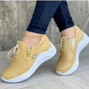 Hillsupshoes Women Casual Round Toe Low Cut Lace-Up PU Side Zipper Design Solid Color Sneakers