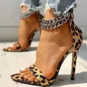 Hillsupshoes Women Sexy Metal Chain Buckle Ankle Strap Animal Printed High Heels