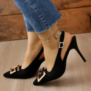 Hillsupshoes Summer Women Fashion Casual Plus Size Solid Color Pointed Toe Metal Buckle Sling Back High Heel Sandals