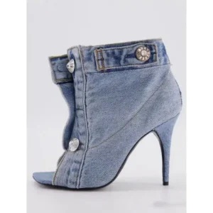 Hillsupshoes Women Fashion High Heel Denim Button High Top Boots