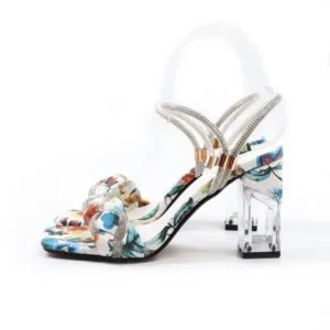 Hillsupshoes Women Fashion Sexy PU Rhinestone Floral Printed Square Toe Chunky Heel ?Sandals