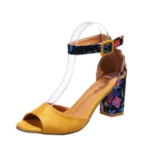 Hillsupshoes Women Fashion Sexy PU Floral Printed Peep Toe Chunky Heel Ankle Strap Buckle Sandals