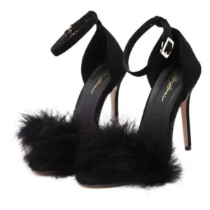 Hillsupshoes Women Fashion Sexy PU Solid Color Feather Peep Toe Stiletto Heel Ankle Strap Buckle Sandals