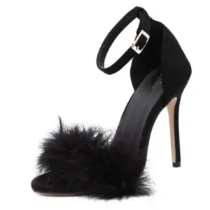 Hillsupshoes Women Fashion Sexy Solid Color Feather Peep Toe Stiletto Heel Ankle Strap Buckle Sandals