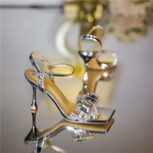 Hillsupshoes Women Fashion Sexy PU Rhinestone Square Toe Ankle Strap Buckle Stiletto Heel Sandals