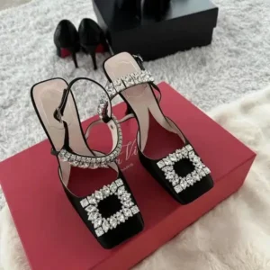 Hillsupshoes Women Fashion Elegant PU Square Toe Rhinestone Stiletto Heel Ankle Strap Buckle Sandals