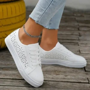 Hillsupshoes Women Fashion Solid Color Plus Size Hollow Lace-Up Round-Toe Sneakers