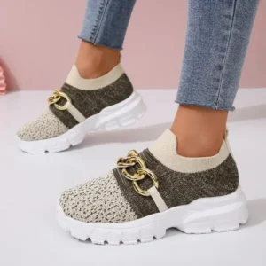 Hillsupshoes Women Fashion Color Block Metal Chain Thick-Soled Breathable Fly-Woven Sneakers