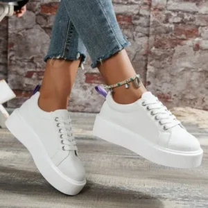 Hillsupshoes Women Fashion Solid Color Round-Toe Lace-Up Thick-Soled Sneakers