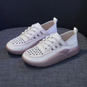 Hillsupshoes Women Fashion Casual Solid Color PU Lace-Up Hollow Breathable Sneakers