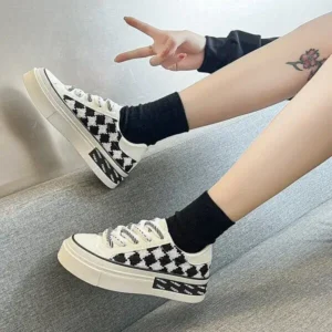 Hillsupshoes Women Fashion Platform Checkerboard Canvas Sneakers