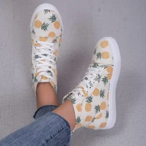 Hillsupshoes Women Fashion Round Toe Lace-Up Pineapple Strawberry Flat Sneakers