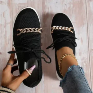 Hillsupshoes Women Fashion Round Toe Rhinestone Metal Decoration Lace-Up Mesh Sneakers