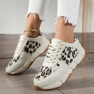 Hillsupshoes Women Fashion Round Toe Stitching Lace Up Low Top Leopard Sports Sneakers